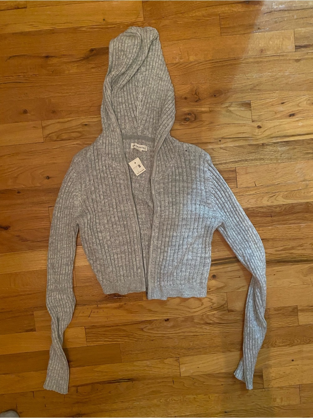 Aeropostale Light Gray Ribbed Hooded Zip Cardigan